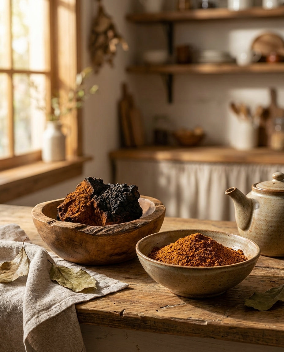 Chaga in 2 Holzschalen in der Küche. 1 Schale mit pulverisiertem Chaga, 1 Schale mit ganzen Chaga Chonks. Holzküche