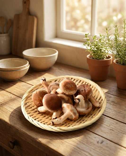 Frischer Shiitake in einem Korb in der Küche auf einem Holztisch