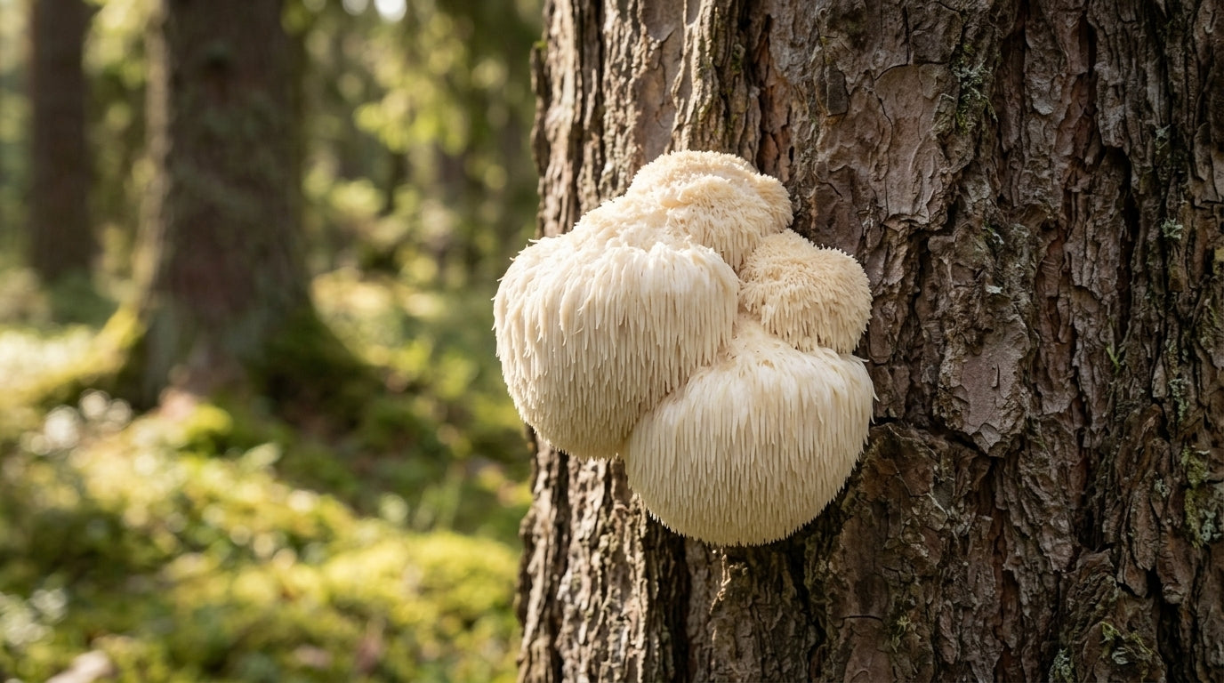 Lion's Mane am Baumstamm in einem Wald wachsend