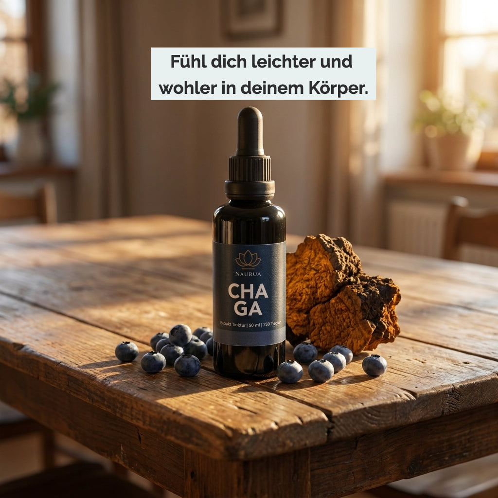 Chaga Extrakt Tinktur auf deinem Küchentisch, daneben frischer Chaga Chonk. «Fühl dich leichter und wohler in deinem Körper.»