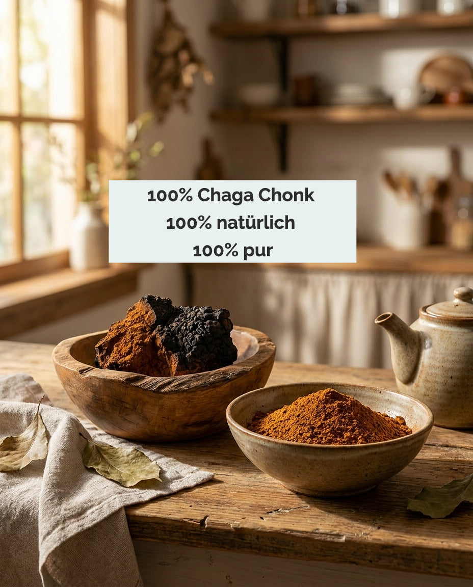 Frischer Chaga Chonk in einer Schale. Frisch gemahlener Chaga in einer Schale. «100% Chaga Chonk, 100% natürlich, 100% pur»