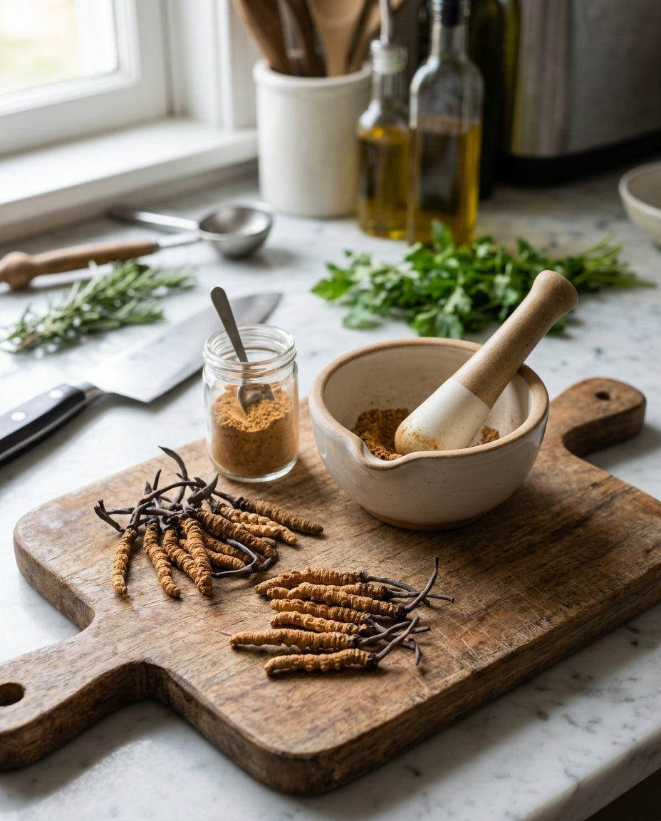Frischer Cordyceps sinensis auf einem Küchenbrett. Keramikschale mit Zerstosser und Cordyceps Pulver drin. Küchensituation mit Cordyceps.
