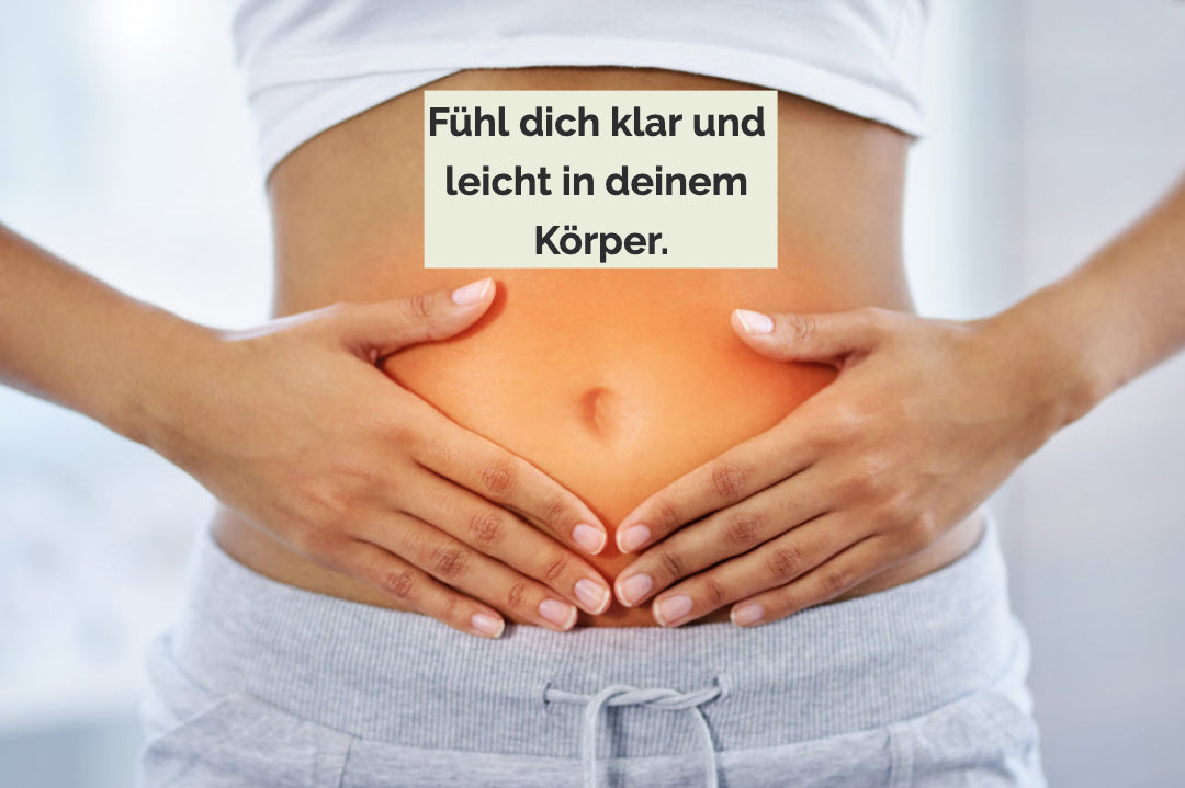 Bild einer Frau mit Händen auf dem Bauch. «Fühl dich klar und leicht in deinem Körper.»