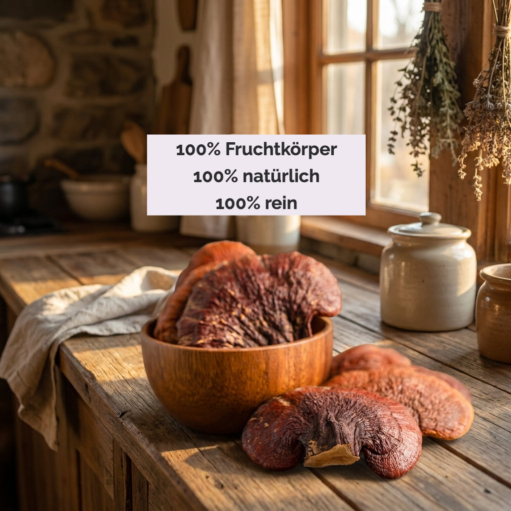 Frischer Shiitake in einer Schale. «100% Fruchtkörper, 100% natürlich, 100% pur»