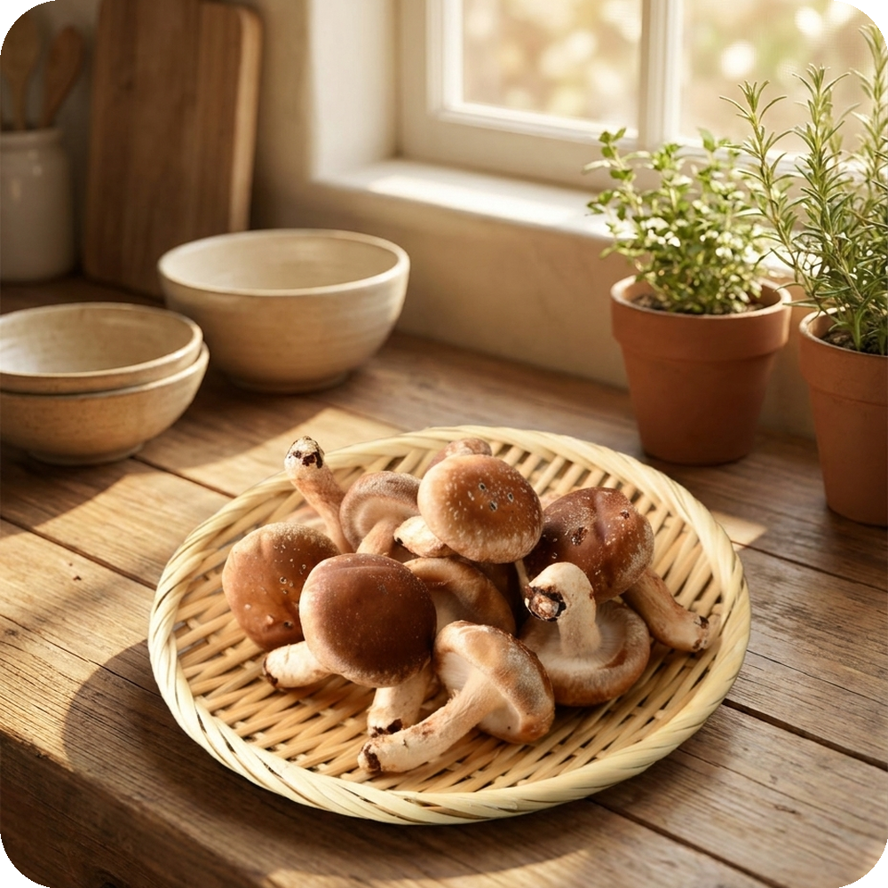 Frischer Shiitake in einer Schale auf Holztisch in Küche