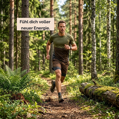 Mann im Wald am Joggen als Testimonial. "Fühl dich voller neuer Energie."