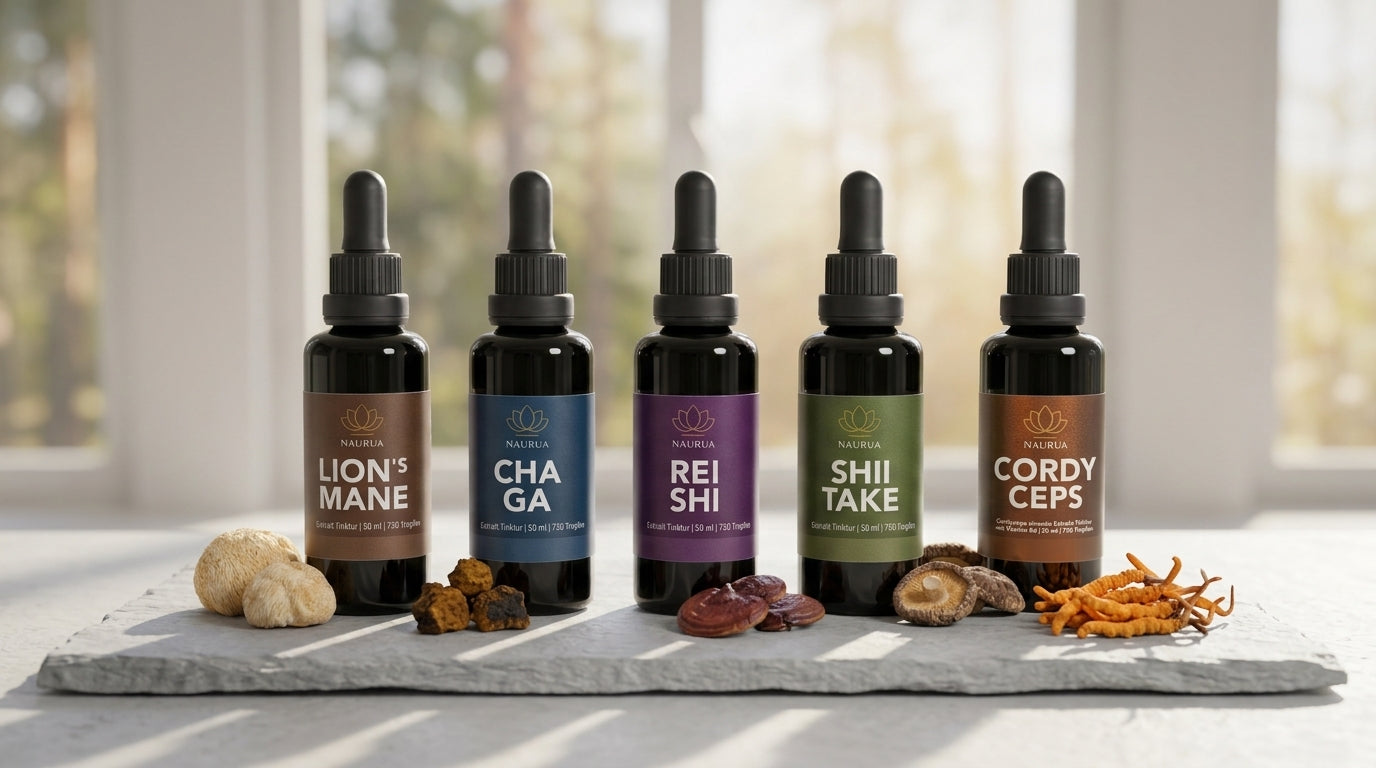 Alle 5 Naurua Extrakte auf einem Steinbrett: Lion's Mane, Chaga, Reishi, Shiitake und Cordyceps