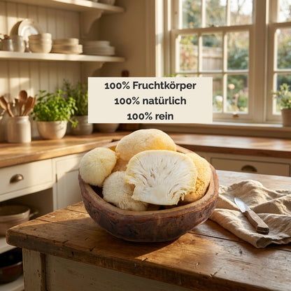Frischer Lion’s Mane in der Küche in einer Schale. «100% Fruchtkörper, 100% natürlich, 100% rein.»